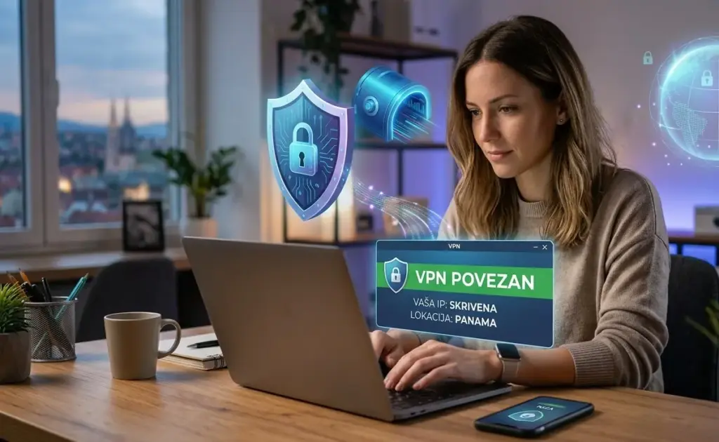 ženska osoba koristi VPN na laptopu i mobitelu